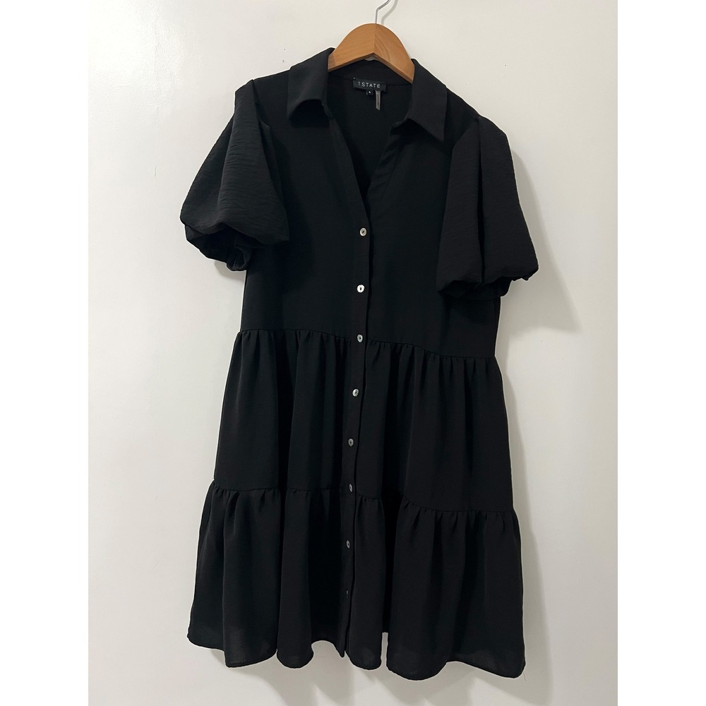 1.STATE Womens Black Tiered Babydoll Mini Dress Puff Sleeve Button Front Size S